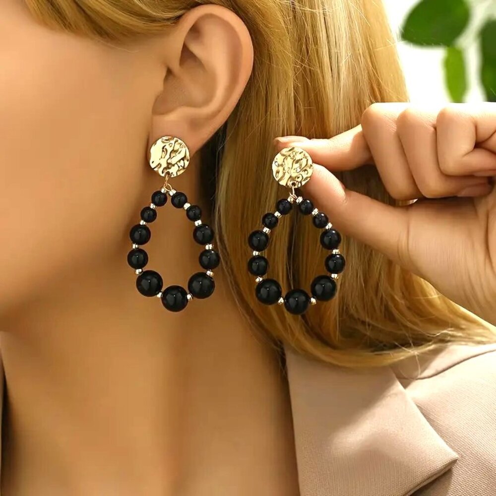 Earrings Drop Hoop Black Bead Dangle Teardrop Stylish Glam Hammered Gold Trendy